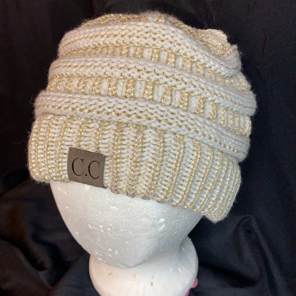 C.C. Womens beanie / Skully ivory and gold metallic cable knit hat - Picture 2 of 8